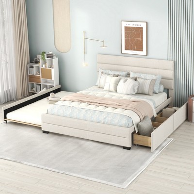 Queen Size Upholstered Platform Bed With Twin Size Trundle Bed And Two Drawers Beige modernluxe Target