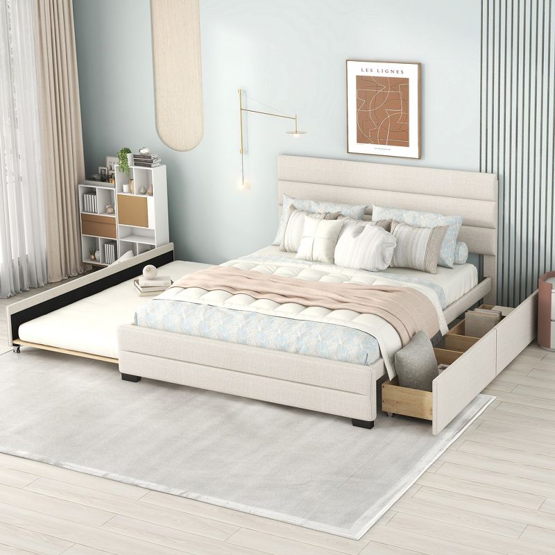 Queen Size Upholstered Platform Bed with Twin Size Trundle Bed and Two Drawers-ModernLuxe, 1 of 11
