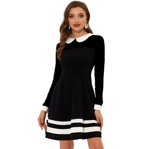 Allegra K Women's Peter Pan Collar Contrast Button Decor Long Sleeve Flare  Dress