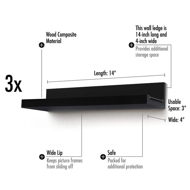Americanflat 14 Inch Floating Shelves for Wall - Composite Wood Shelves for Bedroom, Living Room, Bathroom & Kitchen - Wall Mounted - Set of 3, 4 of 6
