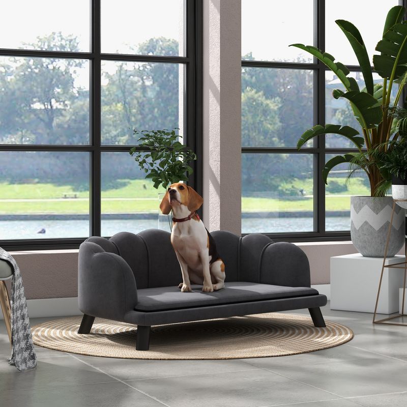 PawHut Pearl Design Pet Sofa for Medium and Large Sized Dogs, Pet Bed with Cushion and Solid Wood Legs, Charcoal Gray, 3 of 7