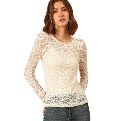 Allegra K Women's Vintage Semi-sheer Puff Long Sleeve Embroidery Lace ...