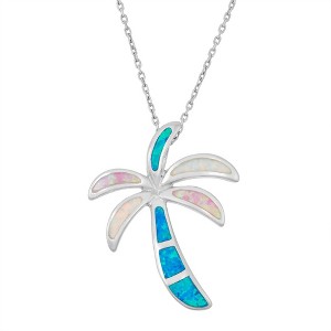 Opalata Sterling Silver White, Pink, and Blue Inlay Opal Palm Tree 18" Pendant Necklace - Multi - 1 of 2