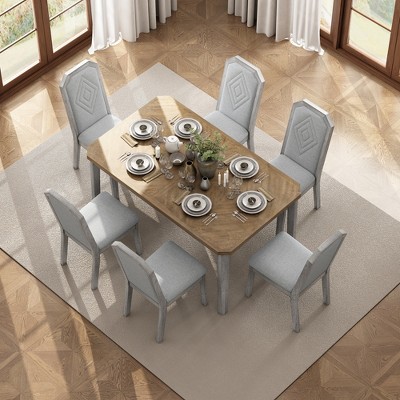 7-Piece Farmhouse Dining Table Set Dining Set with Classic Rustic Dining Table, 6 High-back Dining Chairs, Natural Wood Wash/Gray-ModernLuxe