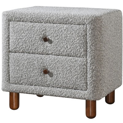 Vynxaria Boucle Upholstered Nightstand - 2 Drawers, Curved Frame, Mid-Century Modern Wood Legs