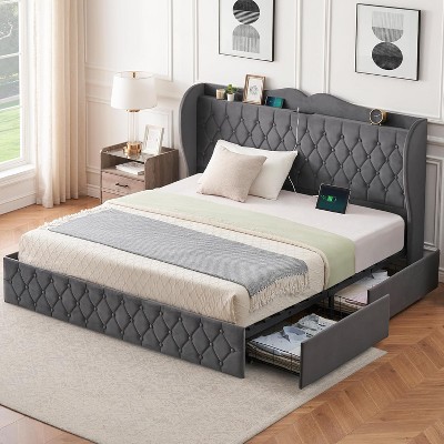 King Bed Frame w/4 Storage Drawers & Charging Station - Velvet Upholstered Headboard, Wood Slats, No Box Spring Needed (Gray)