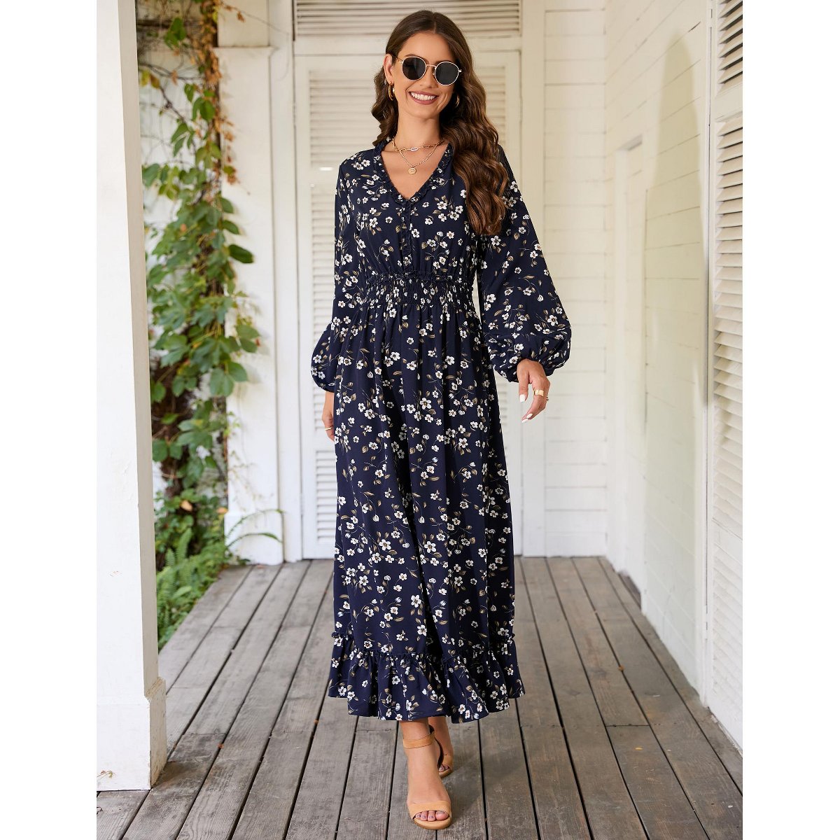 Женские платья YesFashion Casual V Neck Boho Floral Print Wedding Guest Maxi Dresses for Women Bohemian Flowy Maxi Dress Dark Blue M — фото 3