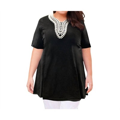 Women's Cotton Applique Short Sleeve V-Neck Top - Plus - On The Plus Side