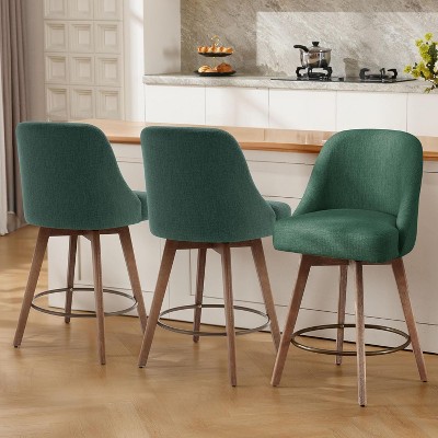 Bekrvio 26" Swivel Bar Stools Set 1/2/3/4 with Solid Wood Legs, 3.15” Linen Upholstered Seat with Back, Mid-Century Bar Chairs for Kitchen Island