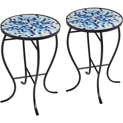 Teal Island Designs Modern Black Round Outdoor Accent Side Tables Set of 2 14" Wide Multi Blue Mosaic Tabletop Front Porch Patio Home House