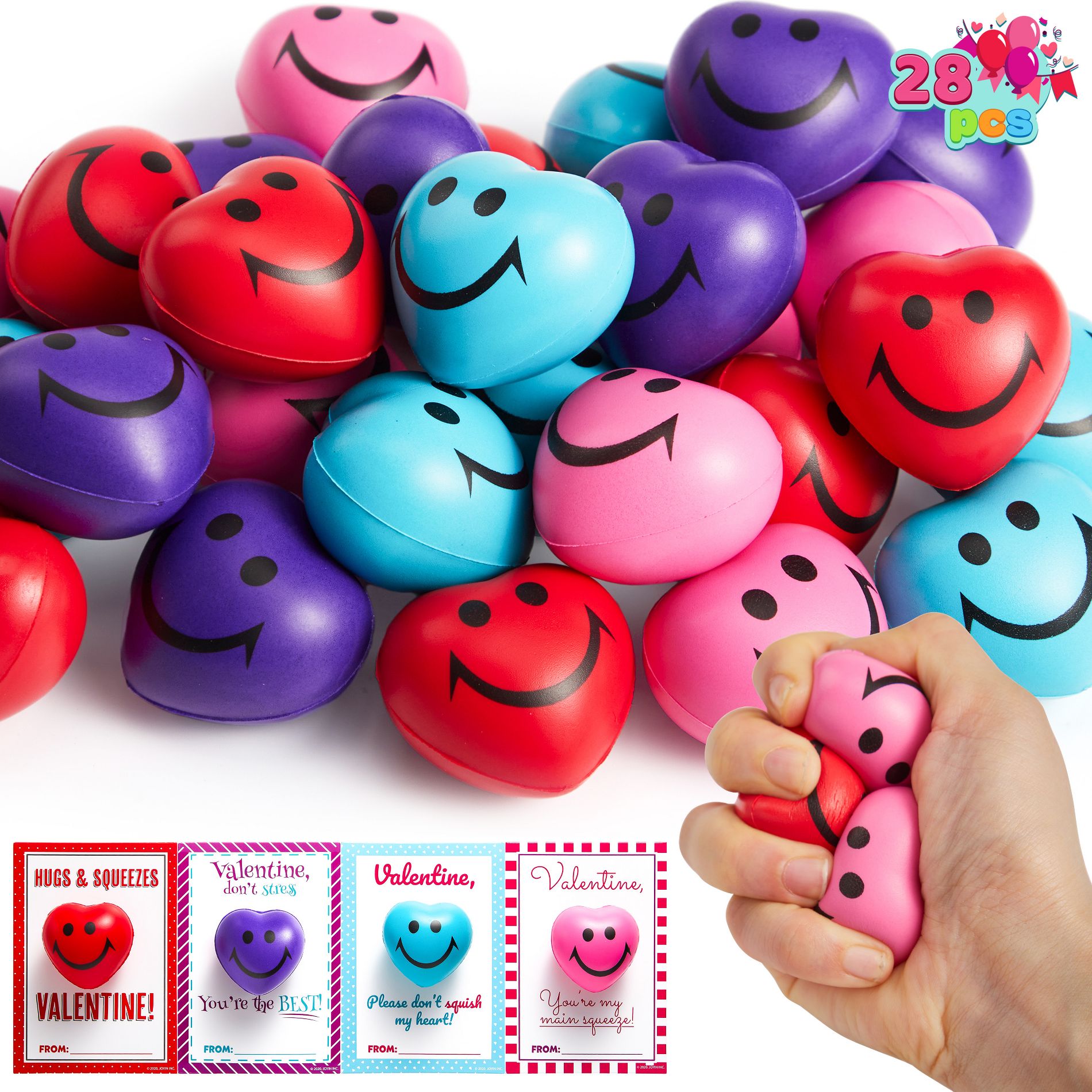 Joyfy  28 Packs Heart Shape Stress Ball with Cards Stress Relief Fidget Toy for Valentine Party Favors