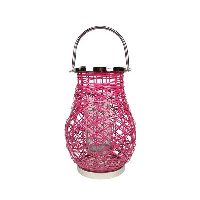 Northlight 13.5" Modern Fuchsia Pink Decorative Woven Iron Pillar Candle Lantern with Glass Hurricane