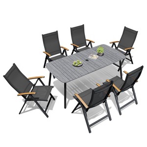 Crestlive Products 7pc Outdoor Dining set Patio Rectangle Table with Folding Chairs Aluminum Frame with Wood-Like Tabletop and Umbrella Hole - 1 of 4