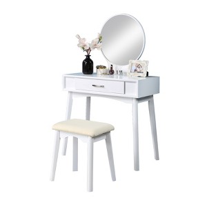 Gulches Modern White Vanity Tables Set with Round Mirror & Storage Drawer - 1 of 4