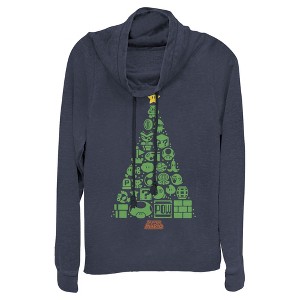Juniors Womens Nintendo Christmas Tree Mosaic Cowl Neck Sweatshirt - 1 of 3