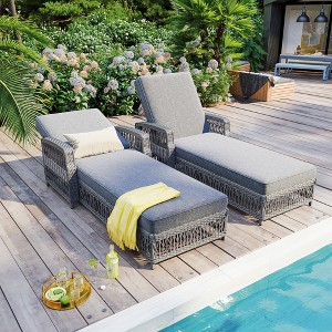 Whisen Outdoor Wicker Long Reclining Chaise with Armrests, Patio Adjustable Recliner with Soft Removable Cushions - 1 of 4