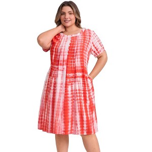 GRACE & GRANDEUR Women's Plus Size Tie Dye Round Neck Short Sleeve Button Decor A Line Dresses - 1 of 4