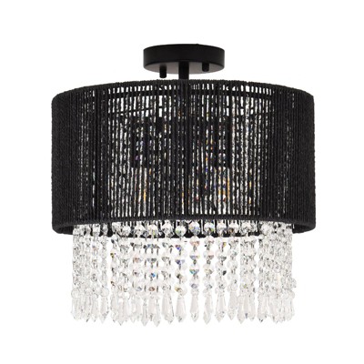 PAKOKULA Bohemian 3-Light Black Drum Nature Rattan&Crystal Flush Mount Ceiling Light