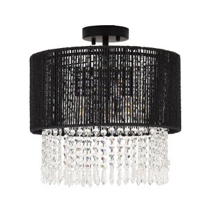PAKOKULA Bohemian 3-Light Black Drum Nature Rattan&Crystal Flush Mount Ceiling Light - 1 of 4