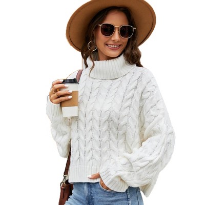 Women's Short Turtleneck Sweater Casual Oversized Pullover Knit Top Soft High Neck Fall Winter Pullover Sweater