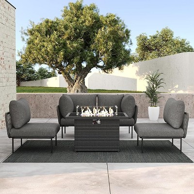 LayinSun 5 Pieces Rope Woven Patio Furniture Set, Modern Modular Sectional Sofa with Fire Pit Table and Upgrade Thickness Cushion