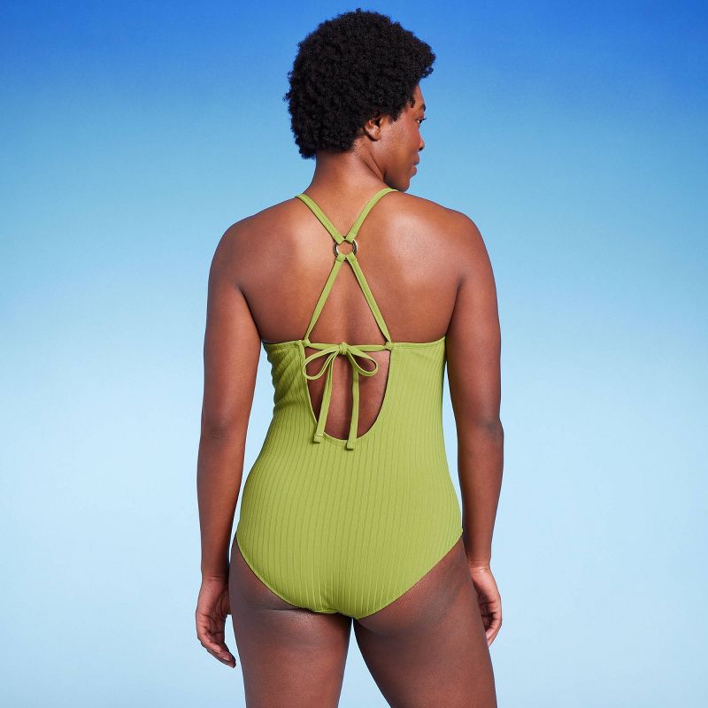 Women's Wide Ribbed Ring Medium Coverage One Piece Swimsuit - Kona Sol™ Green, 5 of 19