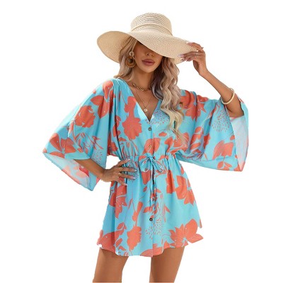 Womens V Neck Dress Front Button Down Duster V Neck Floral Mini Dress with Waist Drawstring Printed Flowy Robe Dress,Black - S