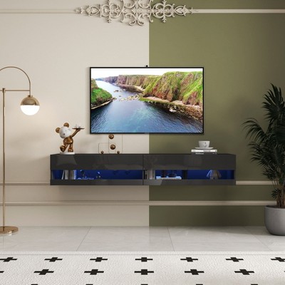 CAVINAS Modern Floating TV Stand Wall Mounted, 180 Wall Mounted Floating 80" TV Stand with 20 Color LEDs and Charging Station
