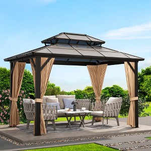 Whizmax 10x12ft Hardtop Gazebo, Aluminum Frame Pavilion with Curtains and Netting, Sunshade for Garden, Patio, Lawns (Brown) - 1 of 4