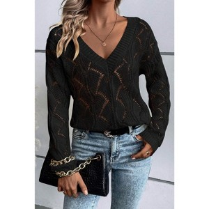 Hollow Out Knit V Neck Drop Shoulder Sweater - 1 of 3