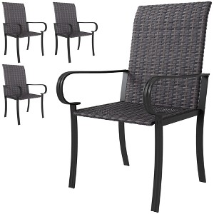 Set of 2/4 Outdoor Wicker Dining Chairs with Armrest, Steel Frame, High Back and Deep Seating - 1 of 4