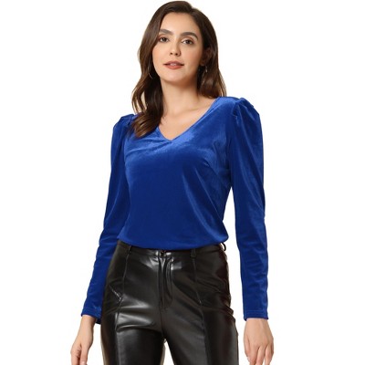 Allegra K Women's Velvet V-neck Long Sleeve Gilding Metallic Shiny ...