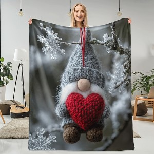 Lomsoe Christmas Gnome Heart Snowflake Flannel Blanket with Festive Red Heart & Snowflake Design, Christmas Blanket, Seasonal Home Decor. - 1 of 4