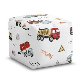 Sweet Jojo Designs Boy Unstuffed Fabric Ottoman Pouf Cover Decorative Storage Construction Truck Red Blue and Grey Insert Not Included