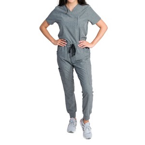 Medgear Fleur Women's Stretch Scrub Set with Zip Chest Pocket Top and Knit Rib Cuffs Jogger Pants - 1 of 4