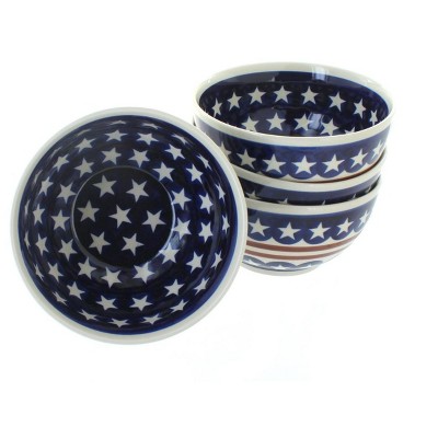  Blue Rose Polish Pottery Stars & Stripes 4 Piece Dessert Bowl Set 