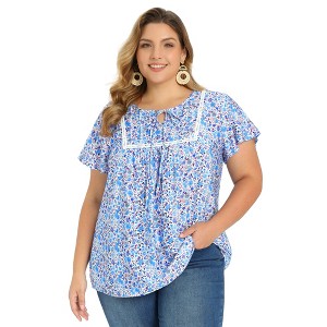 Women's Plus Size Summer Floral Print Pintucked Trim Front Ruffle Sleeve Tie Neck Casual Vacation Blouses - GRACE & GRANDEUR - 1 of 4