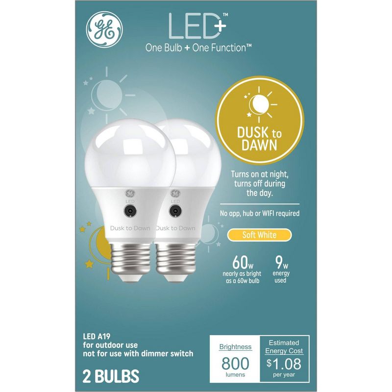 GE 2pk 9 Watts Soft White Medium Base LED+ Dusk to Dawn Outdoor Light Bulbs, 5 of 7