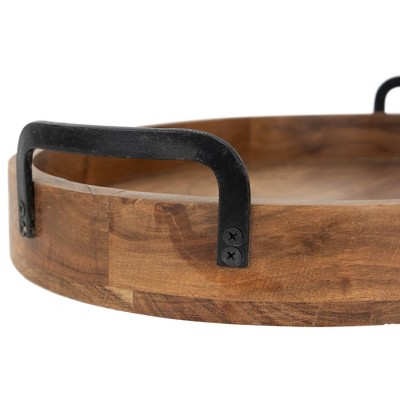 Set of 3 Acacia Wood Trays with Metal Handles