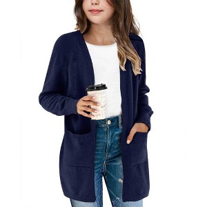 Clearlove Girls' Solid Color Knit Cardigan Long Sleeve Open Front Sweater with Pocket Cute Loose Fit Outerwear for Kids - 1 of 2