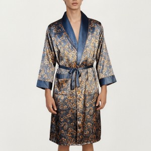 Anna-Kaci Men's Paisley Print Satin Robe with Contrast Shawl Collar and Waist Tie Belt - 1 of 4