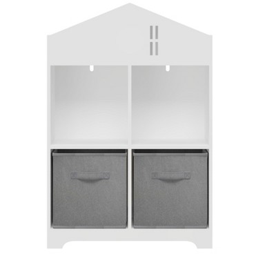 Vynxaria Kids Dollhouse Bookcase with Storage, 2-Tier Organizer & 2 Collapsible Fabric Drawers for Bedroom or Playroom (White/Gray)