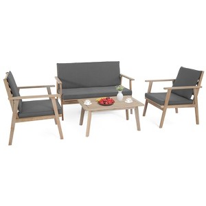 4-Piece Acacia Wood Patio Conversation Set with Grey Cushions - 1 of 4
