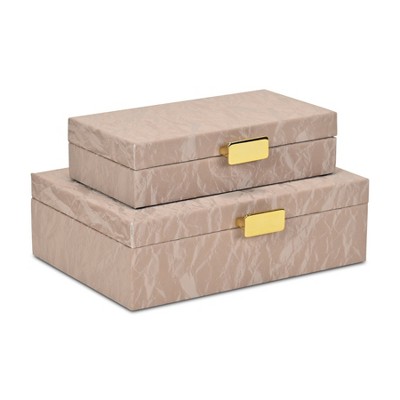 Cheung's Ausel Crinkled Gloss Pattern Set of 2 Boxes with Gold Handles - Taupe