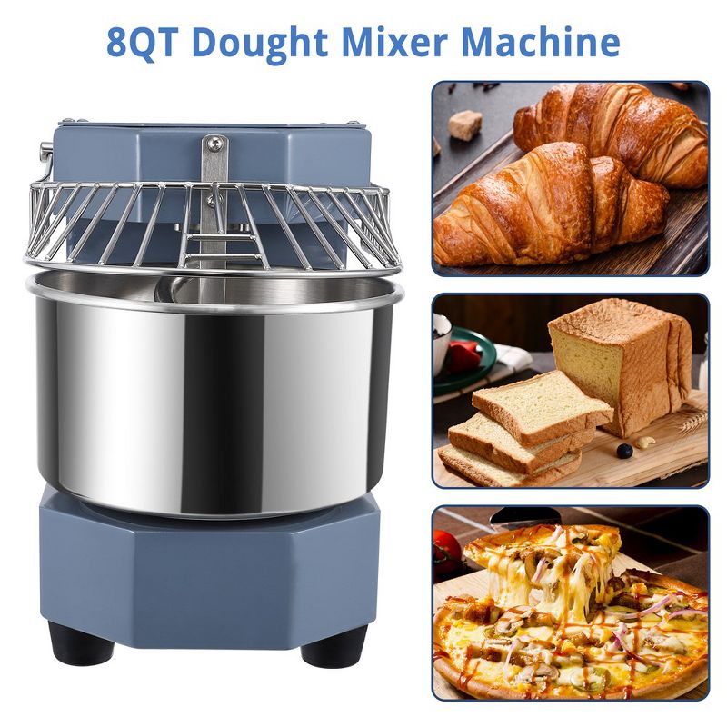 Commercial 110V Dough Mixer, 8Qt Capacity, 450W Dual Rotating Dough Kneading Machine with Stainless Steel Bowl, Safety Shield, 2 of 8