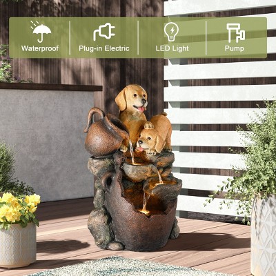 Farmhouse Resin Outdoor Fountain with Puppy Friends and Lights