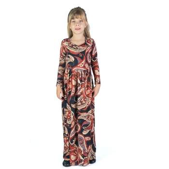 24seven Comfort Apparel Girls Black and Red Paisley Long Sleeve Pleated Maxi Dress