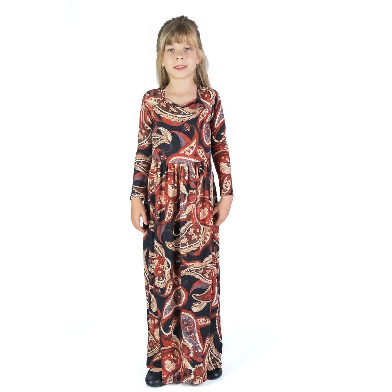 24seven Comfort Apparel Girls Black and Red Paisley Long Sleeve Pleated Maxi Dress, 1 of 5