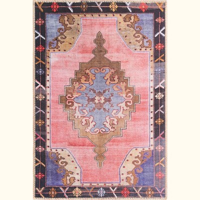 Pink and Brown Rectangular Chenille Easy Care Rug