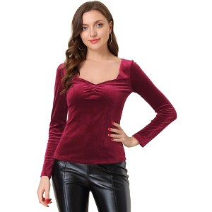 INSPIRE CHIC Women's Sweetheart Neckline Pleated Front Long Sleeve Retro Velvet Blouse - 1 of 4
